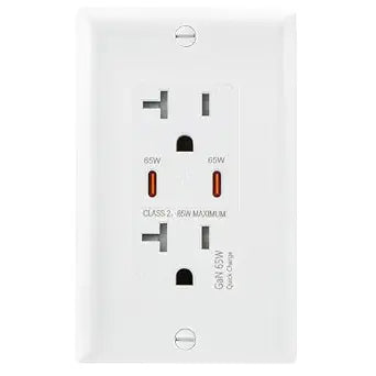 Wengart PD 65W GaN Dual USB C Wall Outlet, 20 Amp Tamper-Resistant Receptacle with 65W Power Delivery 3.0, in-Wall High-Speed Charger Compatible with Laptops and Tablets, UL Listed, White