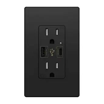 Micmi USB C Outlet PD 24W Power Delivery Type C + A Receptacle 4.8A, Receptacle 15 A 125 Volt Tamper-Resistant w/Screwless Wall Plate UL Listed (1Pack, Black, 15 Amp Outlet)