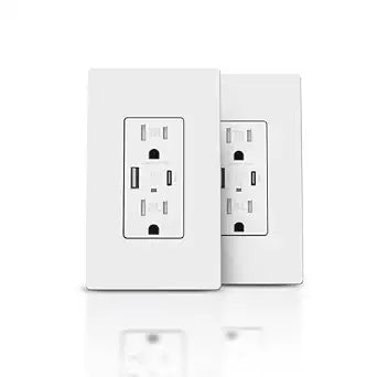 TOPELER 2 Pack USB Outlet, 4.8Amp Type C Wall Charger Power Outlet, Electrical Socket with USB C/A Ports, 15A Tamper Resistant Receptacle, Screwless Wall Plate Include, ETL Listed, White