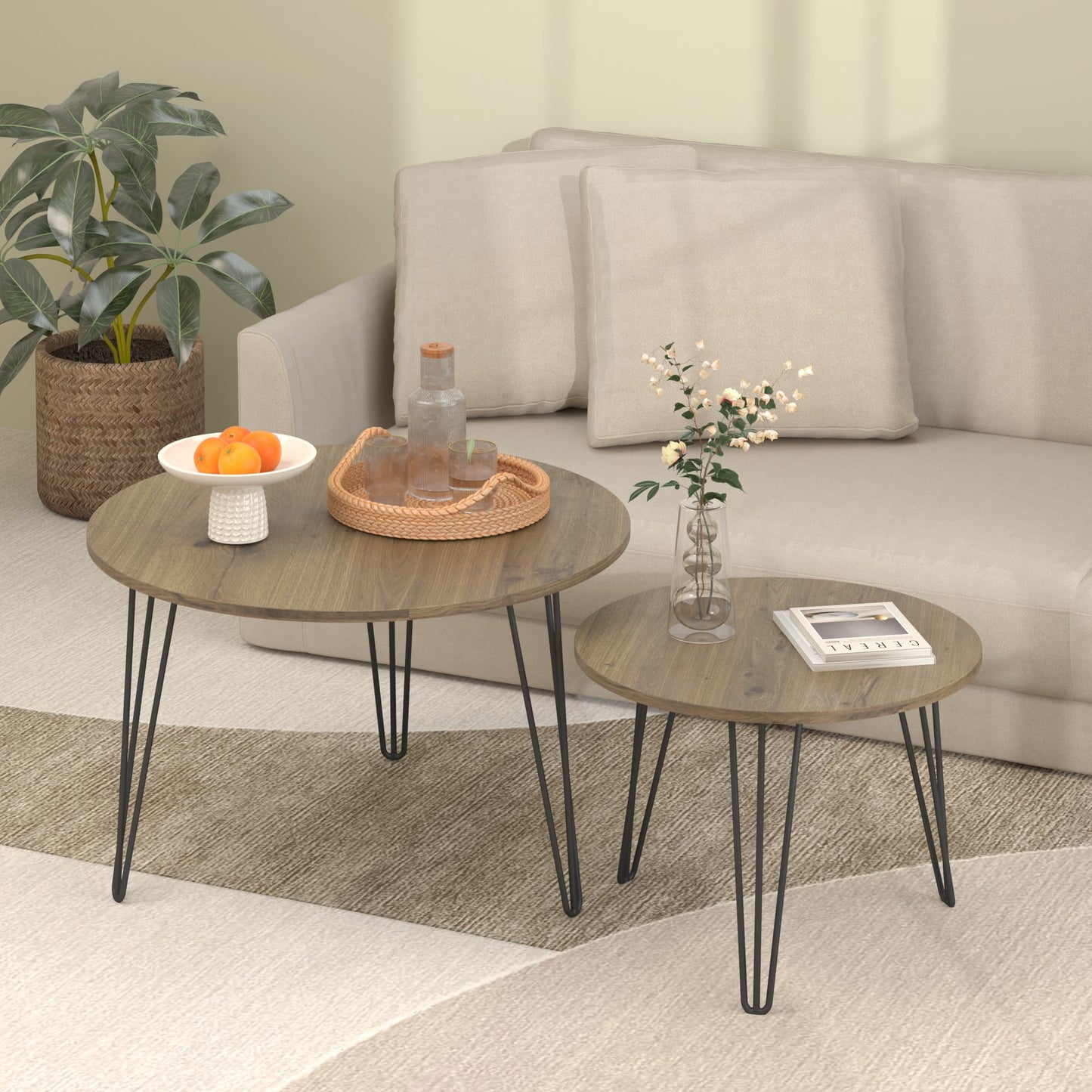 27.56'' Round Nesting Coffee Table Set of 2,Wooden End Table Set, with Metal Base for Living Room,Bedroom,Brown