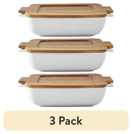 (Paquete de 3) Better Homes & Gardens Vajilla de CerÃ¡mica para Horno a Mesa con Tapa de Acacia, 13.39 x 9.06 x 3.39 in