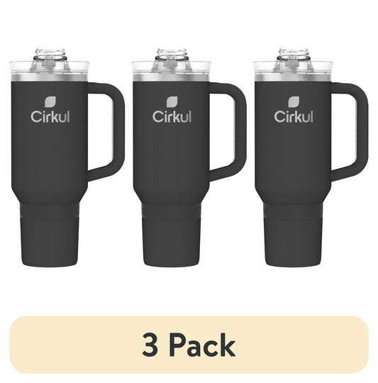 (3 pack) Cirkul 40oz All-Day StrawSip Double-Wall Insulated Stainless Steel Tumbler with Handle, Carbon (Black)