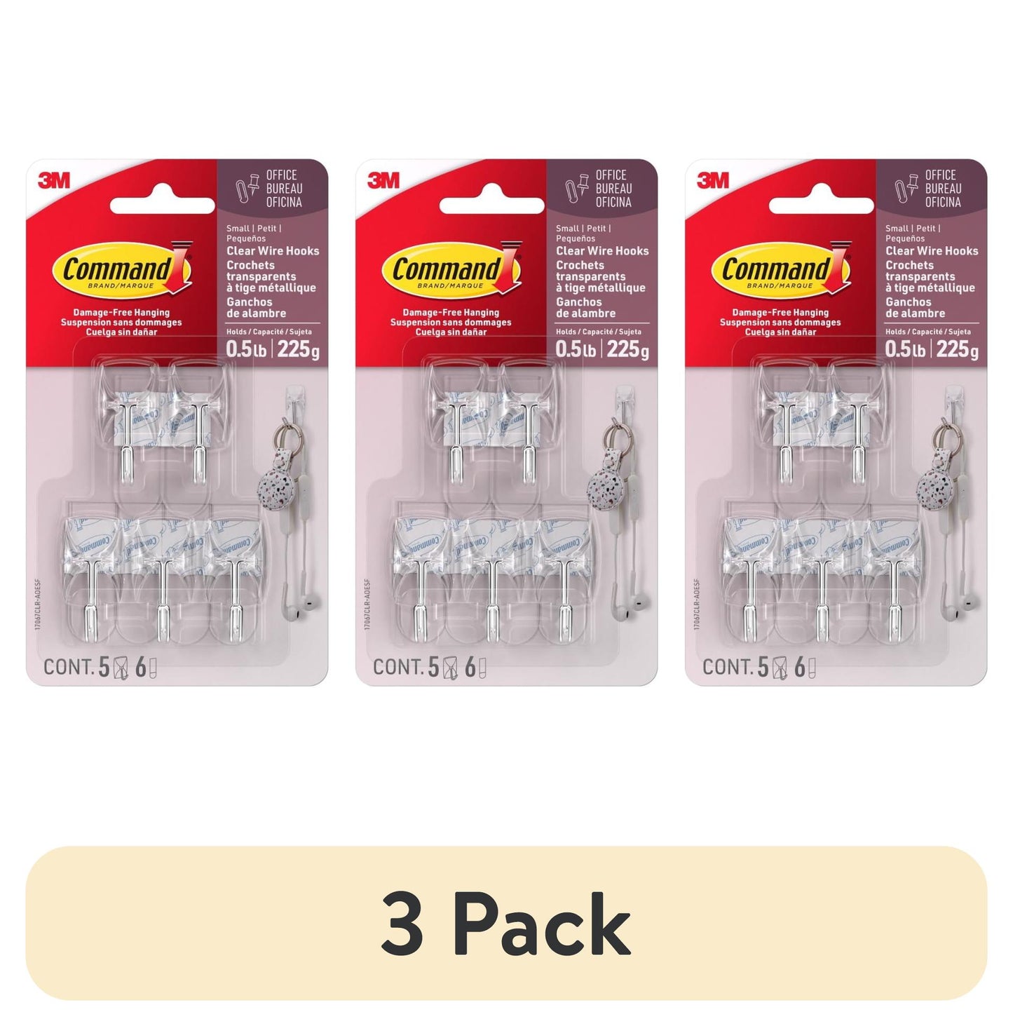(3 pack) Command Small Wire Toggle Hooks, Clear, Damage Free Decorating, Five Hooks