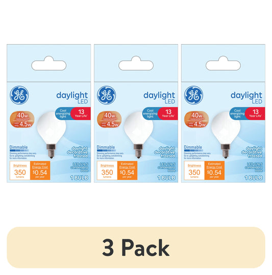 (3 pack) GE LED Light Bulb, 40 Watt, Daylight, G16.5 Globe Bulb, Small Base, 13yr