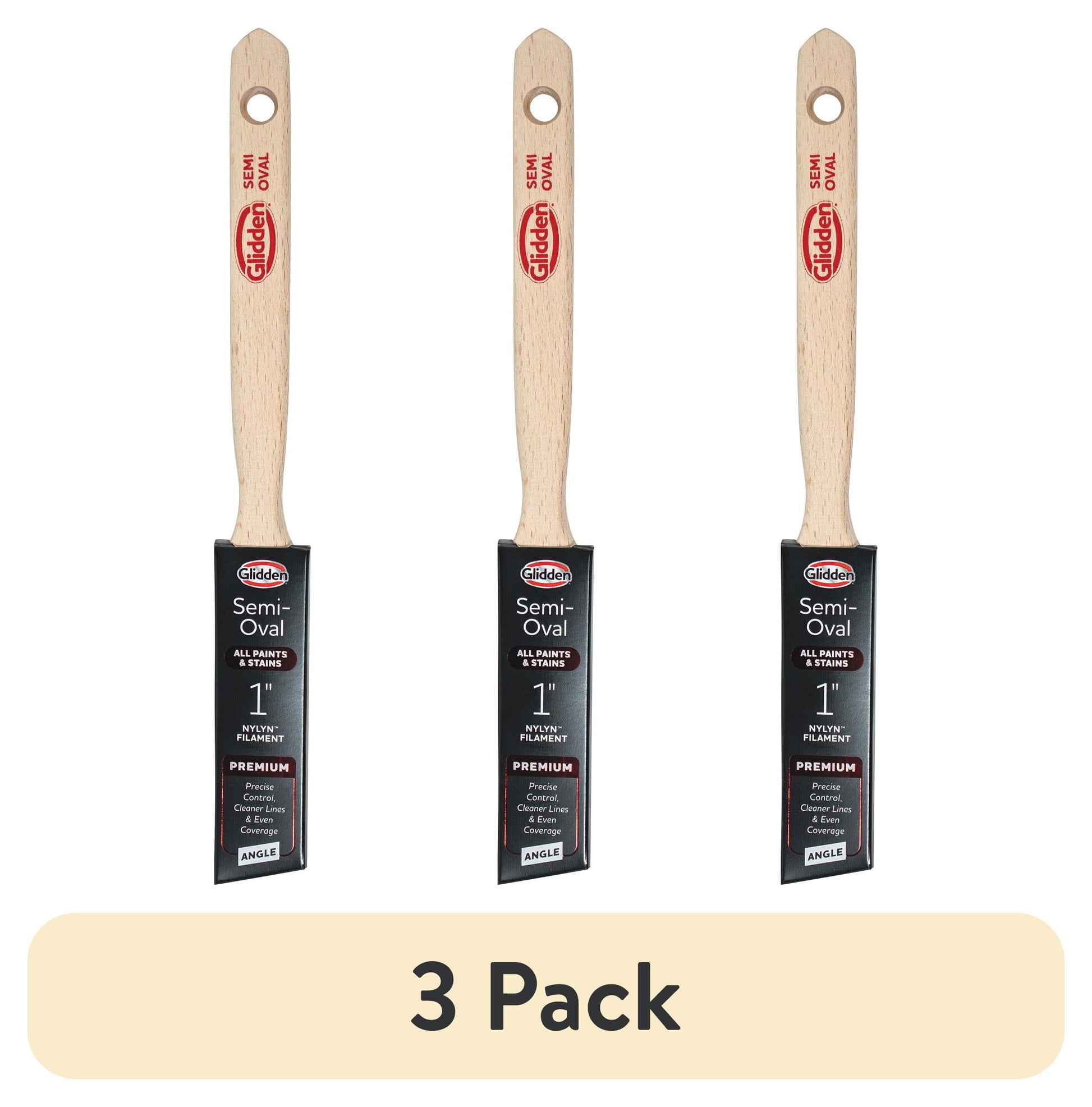 (3 pack) Glidden Semi-Oval Paintbrush with Wood Handle, Angled Sash, 1 Inch