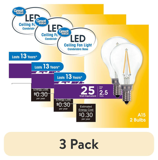 (6 pack) Great Value A15 LED 2.5W (25W Equivalent) Soft White E12 Candelabra Base Ceiling Fan Light Bulbs, Dimmable, 2 Pack