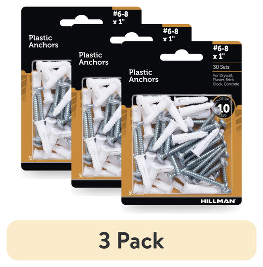 (3 pack) Hillman Multi-Material Ribbed Anchor Screws, #6-8 x 1", Plastic and Steel, 10 lbs, White, 30 sets