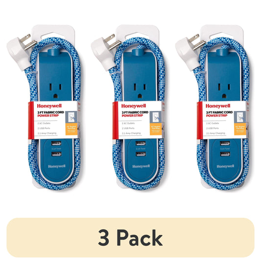 (3 pack) Honeywell 3 ft. Fabric Power Strip with 2 AC & 2 USB Ports (2.1A), 45Â° Angled Flat Plug (Blue/White)