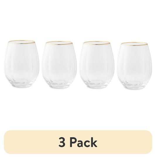 (3 pack) Thyme & Table Scalloped Stemless Wine Glasses with Gold Trim, Set of 4