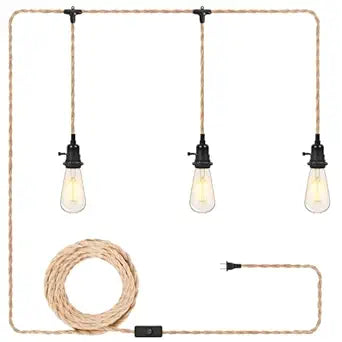 Hanging Lamp Kit with 3 Light Plug in Pendant Light Cord, 23FT Hemp Rope Hanging Lights Fixture with 2 Way Switch, Bulb Not Included