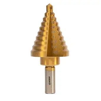 NEIKO 10194A Step Drill Bit, 10 Steps 1/4 to 1 3/8 Straight High Speed Steel, Titanium Nitride Coated, 3/8 Tri Flat Step Bits for Steel, Metal, Wood, Plastic, Unibit Cone Drill Bits, Two Flute