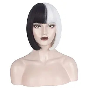WeKen Black and White Wig Short Bob Half Black Half White Wig with Bangs for Women Cosplay Daily Party (A Black White)