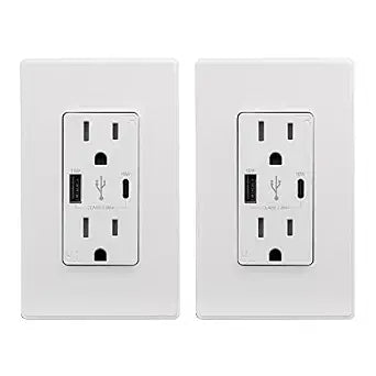 ELEGRP 30W USB Outlet Type A/C, Fast Charge Wall Outlet with 2 USB Ports, Power Delivery 15 Amp Wall Outlet with Tamper Resistant, UL Listed, Wall Plate Included, 2 Pack, Matte White