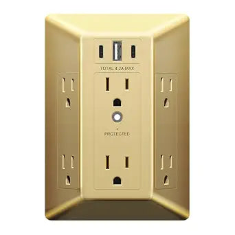 LIDER 6 Outlet Surge Protector Extender, 20W, 1500 Joules, Matte Gold