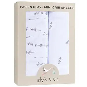 Ely���s & Co. Pack and Play Sheets, for Mini/Portable Crib, 2 Pack Fitted Playpen Play Yard Sheet Set Compatible with Graco Pack n Play, for Baby Boys/Girls, 100% Cotton, Forest Grey Floral, 38���x24���x5���