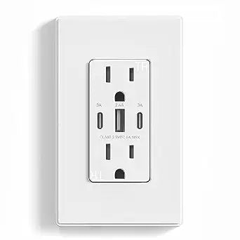 ELEGRP 30W 6.0 Amp 3-Port USB Wall Outlet, 15A TR Tamper-Resistant Receptacle with Dual USB C Ports, UL/CUL Listed, Screwless Wall Plate Included, 1 Pack, Matte White