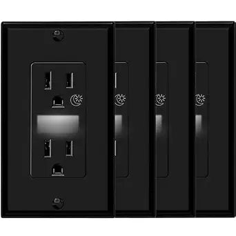 Black Wall Outlet Receptacle with Night Light,Electrical Receptacle Outlets,15A 125V, 2 Pole 3 Wire,Wall Plate Included,4 Pack