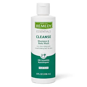 Medline Remedy Essentials Shampoo and Body Wash (8 fl oz), Fresh Scent, Full Body Cleanser with Aloe, For Adults & Elderly, Easy Rinse Gel for Bath, Shower or Bedside Bathing