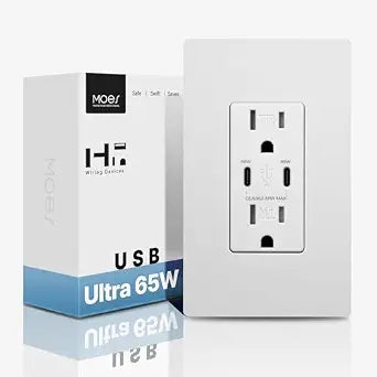 MOES 65W GaN USB-C Wall Outlet 15 Amp, PD Fast Charging, Matte White