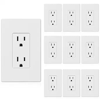 ELEGRP Matte White Standard Decorator Electrical Wall Receptacle Outlet, 15A 125V, 2 Pole 3 Wire, Non-Tamper Resistant, NEMA 5-15R, Self-Grounding, Mid Wall Plate Included, UL Listed (10 Pack)