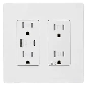 Wengart 15A Decorator Receptacle and 4.2A USB AC Outlet Combo for Homeowners to Stop Bedside Charger Clutter via Low Profile 2-Gang Screwless Wall Plate Multi-Port Charging Set