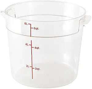 Restaurantware 6 Quart Plastic Food Storage Container - Durable Clear Polycarbonate Storage Bin - Round Food Prep Storage with Red Graduations - Dishwasher Safe Commercial Kitchen Use