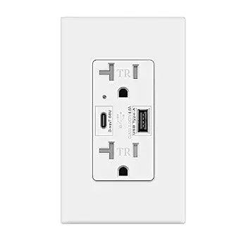Micmi USB Outlet with C + A Wall Dual High Speed Receptacle Smart 4.8A Fast Charging Capability, 20Amp 125Volt, Tamper Resistant Wall Plate Included UL Listed (1Pack, White, 20 Amp Outlet)