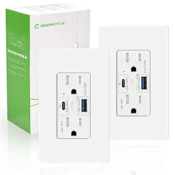 65W GaN USB C PD Outlet Fast Charging for Laptop,Greencycle 2PK Type C Outlet,15 Amp Tamper Resistant Receptacle Plug,Electrical USB Socket Charge for Mac Air,iPhone 15,Android,UL Listed