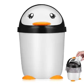 Homoyoyo Cute Penguin Swing Lid Trash Can, Large Capacity Plastic Wastebasket Mini Desktop Waste Paper Bin with Stable Base for Car Office Bedroom Kitchen Desktop Use 8.26 x 5.51inches