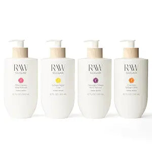 RAW SUGAR Hand Wash Variety Bundle (12 Fl Oz, Pack of 4) Vegan Soap, Coconut Mango Glow, Pineapple Maqui Berry Reviver, Watermelon Mint Refresh, Lemon Sugar Love, Made without SLS/SLES & Parabens