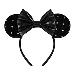 zhezesmila Velvet Mouse Ears Headband with Pu Leather Bow Black Minni Ears for Women – Elegant Minimalist Costume Accessory for Theme Park Outfit Birthday Party