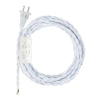 UL Listed 15Ft Vintage Twisted Lamp Cord with Inline Switch, 18/2 Cloth Covered Electrical Wire, White Fabric Power Cord Replacement with Stripped Ends for DIY Pendant & Lamp Repair