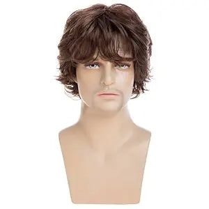Men's Wig Brown Short Wavy Layered Cosplay Halloween Costume Hair Wigs for Male