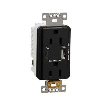 Square D by Schneider Electric X Series USB-A, USB-C, and 125 Volt Duplex Decorator Tamper Resistant Electrical Outlet, 15 Amp, Matte Black (SQR55153BK)