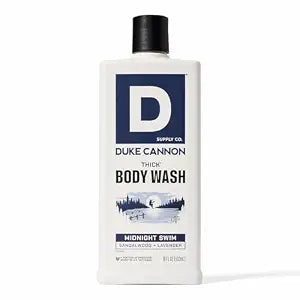 Duke Cannon Supply Co. Thick High Viscosity Body Wash - 3X Thicker, Cleansing Shower and Bath Gel, Mineral-Enriched Body Wash for Men - Sandalwood + Lavender - Mens Body Scrub - Midnight Swim (18 oz)
