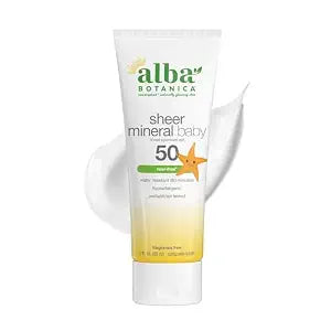Alba Botanica Baby Sunscreen for Face and Body, Sheer Mineral Sunscreen Lotion, Broad Spectrum SPF 50, Water Resistant and Fragrance-Free, 3 Fl Oz (Packaging May Vary)