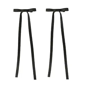 Grosgrain Ribbon Thin Hair Bow Clip with Long Tails, Set of 2 (Black)