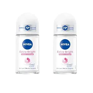 NIVEA Extra Bright 8 Super Food Vitamin C Collagen Booster Underarm Roll-On Deodorant, Alcohol-Free, 72HR Odor Protection, Smooth & Bright Skin, 50ml, 1.69oz, Pack of 2