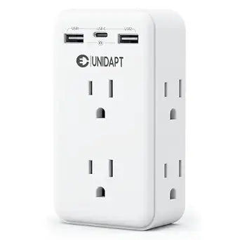 Unidapt 2 Prong to 3 Prong Outlet Adapter, 6 AC Outlets, 3 USB, 1 USB-C