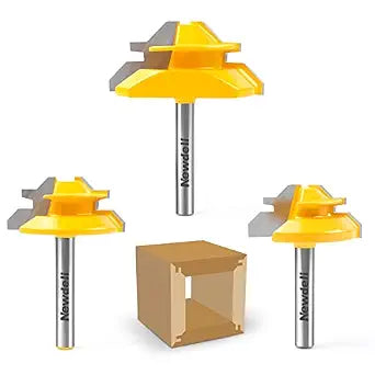Newdeli 45 Degree Lock Miter Router Bit 3-Piece Set, for 1/2, 5/8, 3/4 Cutting Height, 1/4 Inch Shank. Easy to Create Lock Miter Joint