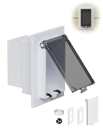DBVR1W-1 Low Profile IN BOX Exterior Box, Outdoor Recessed Outlet Electrical Box for Wet Location, Recessed Non-Metallic Exterior Outlet Box with 2 Weatherproof Covers, Vertical, 1-Gang, Clear & White