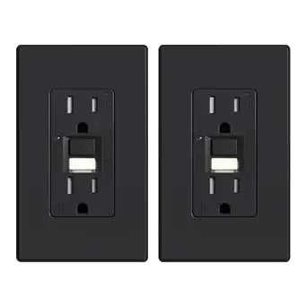 ELEGRP GFCI Outlet w/Nightlight, 15 Amp Self-Test GFI Electrical Outlet, Thinner Design, Tamper Resistant GFCI Receptacle, Ground Fault Receptacle w/Wall Plate, UL Listed, Matte Black, 2 Pack