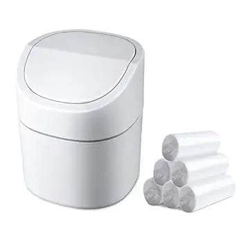 Mini Desk Trash Can with Swing Lid, 0.5gal, Includes 180 Bags, White