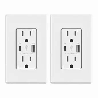 ELEGRP USB Charger Wall Outlet, Type A & C USB Ports, 15 Amp Duplex Tamper Resistant Receptacle Plug NEMA 5-15R, Wall Plate Included, UL Listed (2 Pack, Matte White)