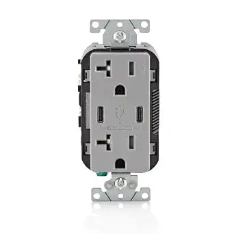Leviton Decora 18W USB-C Wall Outlet, 20A TR Receptacle BCC20-GY Gray