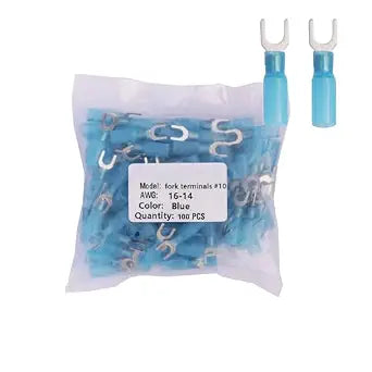 Fidioto 100pcs #10 Blue Heat Shrink Fork Terminal connectors,16-14 Gauge Insulated Electrical Crimp Wire Terminals for Motorcycles,Automobiles,Tractors,Boats,etc