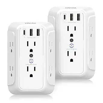 VINTAR 2 Pack Outlet Extender, 6 Outlets Wall Plug with 3 USB(1 USB C,3.4A)
