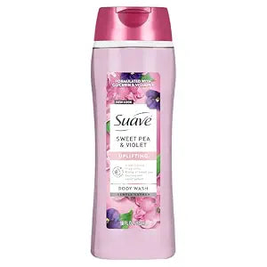 Suave Sweet Pea & Violet Moisturizing Body Wash with Glycerin & Vitamin E, Hydrating Formula For Soft, Smooth Skin, Long Lasting Fragrance, Paraben Free, 18 FL OZ
