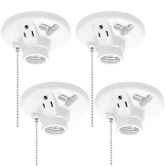 QWORK Porcelain Light Socket with 3-Prong Outlet, 4 Pack Pull Chain E26/E27 Base for Basement, Closet & Dry Garage