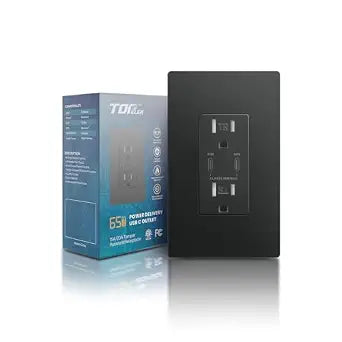 TOPELER GaN 65W USB C Wall Outlet Receptacle for Laptop, 15A Standard Electrical TR Receptacle, Screwless Wallplate Included, Commercial and Residential Use, ETL&FCC Listed, Black